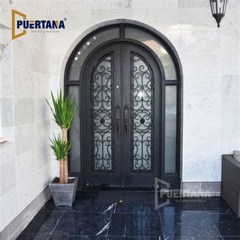 Arched Top Wrought Iron French Double Front Entry Door With Sidelights