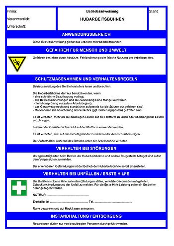 Betriebsanweisungen für Arbeitsmittel Hubarbeitsbühnen BG BAU