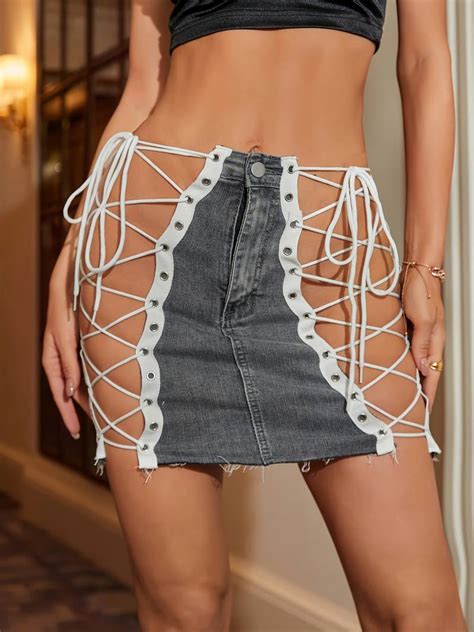 Womens Sexy Hollow Out Denim Skirt Drawstring Lace Up Denim Skirt Clothing Shoes And Jewelry