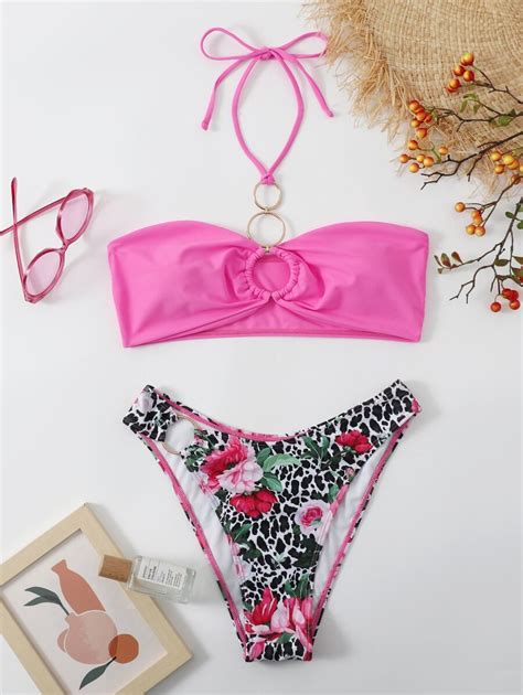 Floral Print Ring Linked Halter High Cut Bikini Swimsuit Shein Usa