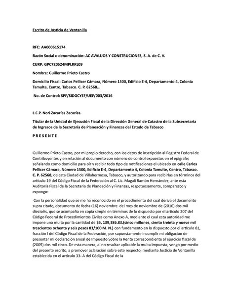 Escrito De Justicia De Ventanilla Modulo 19 Escrito De Justicia De