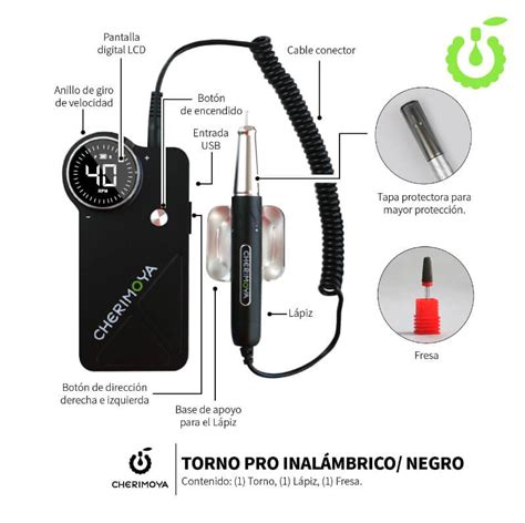 Torno pro nail drill inalámbrico Negro Cherimoya Distri Nails