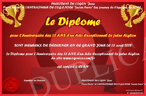 Le Diplome Pour L Anniversaire Des 13 Ans D Un Ado Exceptionnel Le