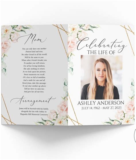 Blush Pink Roses 8 Page Funeral Program Template Celebration Of Life Program Memorial Program