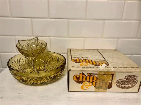 Vintage Anchor Hocking Honey Gold Chip Dip Set In Original Etsy