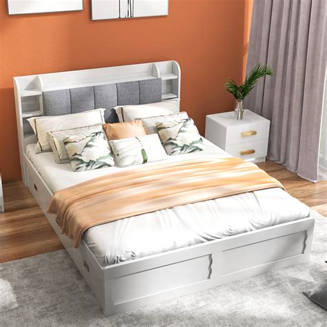 Modern White Storage Queen Bed Low Profile Queen Bed with 3 Drawers ...