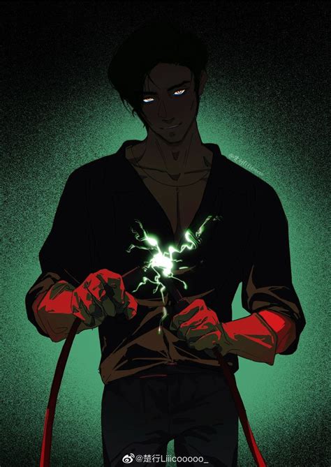 An Anime Character Holding A Green Light In His Hands And Looking Down