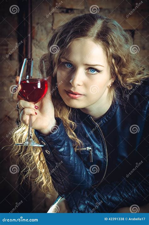 Girl With Glass Of Wine Stock Photo Image Of Sitting 42391338