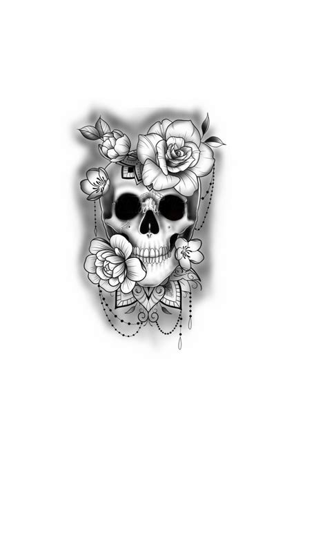 A Black And White Drawing Of A Skull With Roses On It