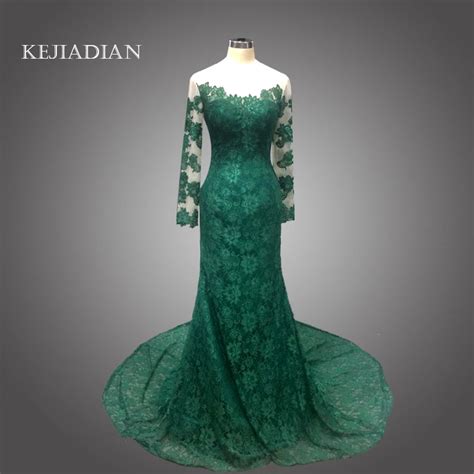 2018 Elegant Mermaid Long Sleeve Lace Emerald Green Lace Mother Of The