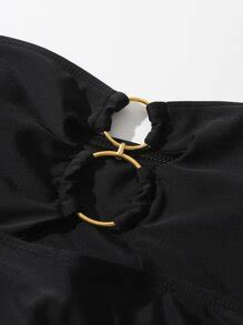 Solid Bikini Set Cut Out Ring Linked Bandeau Bra High Waisted Bottom 2 Piece Bathing Suit