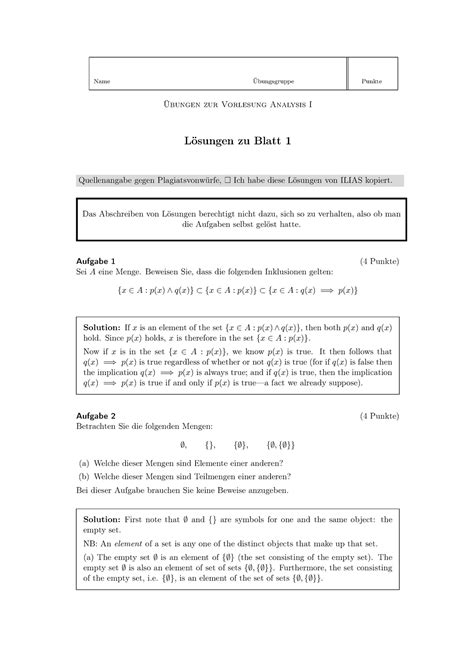 Lösungen zu Blatt 1 Übungen zur Vorlesung Analysis I Name