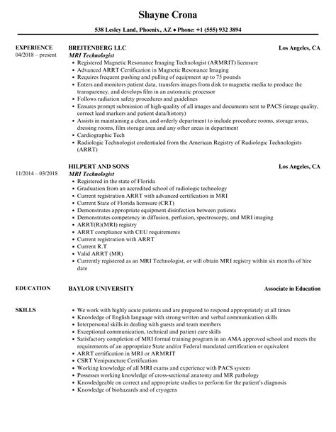 MRI Technologist Resume Samples | Velvet Jobs