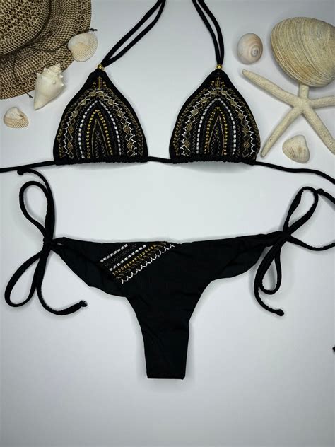 Two Piece Bikini Set Triangle Top And Tie Side Thong Bottom Etsy
