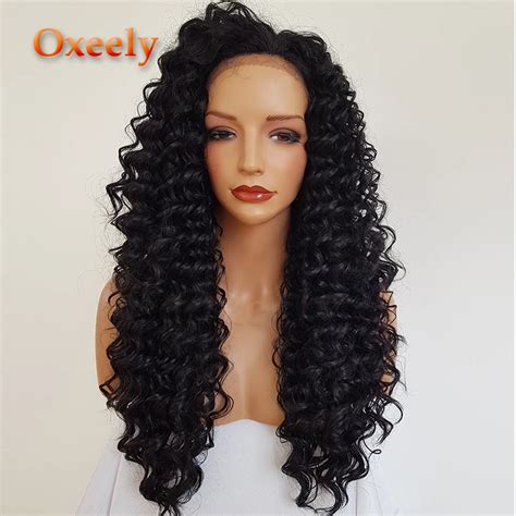 Oxeely Long Kinky Curly Wigs Synthetic Lace Front Wigs Black Curl Hair