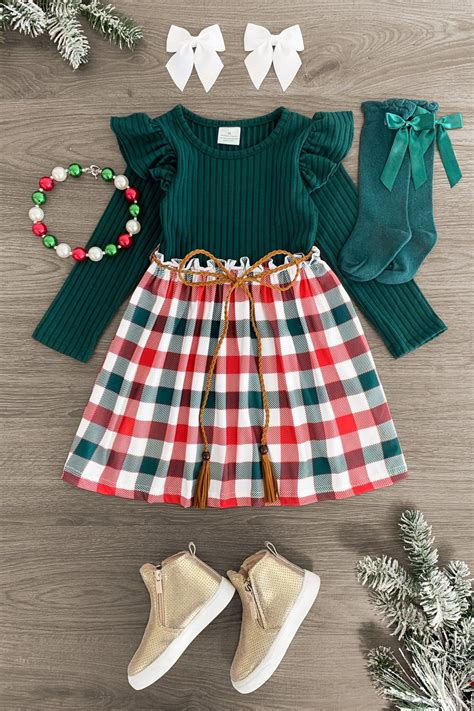 Green & Red Plaid Long Sleeve Dress | Sparkle In Pink