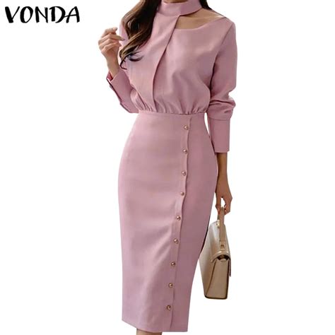 Vonda Women Korean Casual Stand Collar Puff Sleeve Long A Line Dress