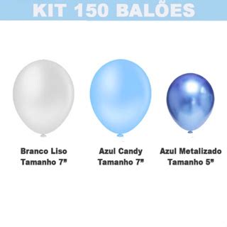 Kit 150 Balões Azul Claro Branco Azul Metalizado Balão Bexiga