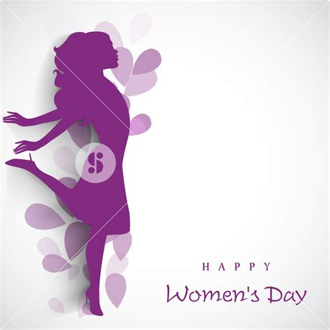 Happy Womens Day Greeting Card Or Poster Design With Purple Silhouette Of Girl In Dancing Pose