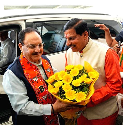 Bjp National President Jp Nadda Being Welcomed By Madhya Pradesh Chief Minister Mohan Yadav Upon