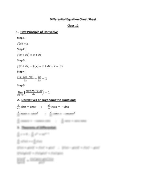 SOLUTION Differential Equation Cheat Sheet Class 12 Studypool