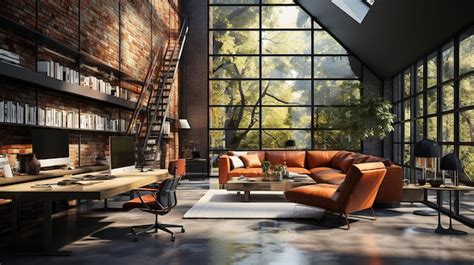 Premium Ai Image Neat Office Interior With Red Brick Walls And Concrete Floor 3d Rendering