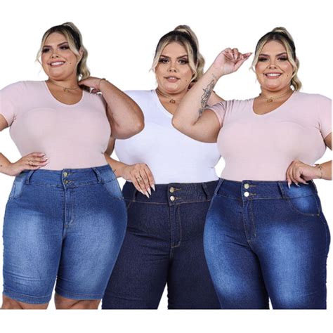 Kit Bermudas Jeans Feminina Plus Size Cintura Alta Lycra At O