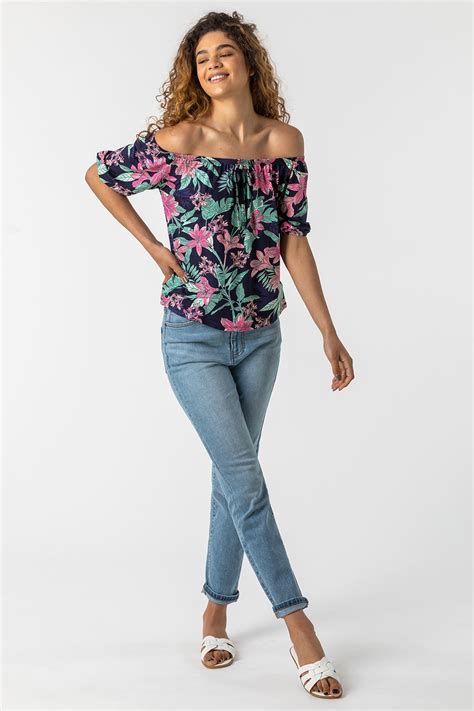 Tropical Floral Print Bardot Top In Navy Roman Originals UK