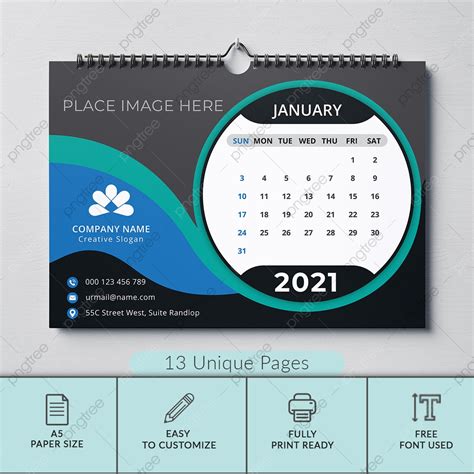 Gambar Desain Template Kalender Dinding 2021 Dengan Warna Biru Hitam Templat Untuk Unduh Gratis