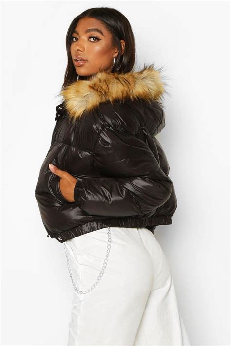 Tall Faux Fur Hooded Crop Padded Coat Puffer Coat With Fur Tall