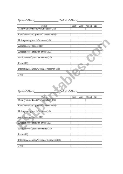 Oral Presentation Rubric ESL Worksheet By Slkchina