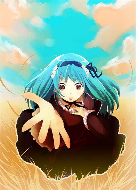 Safebooru Blue Hair Brown Eyes Cloud Face Field Foreshortening