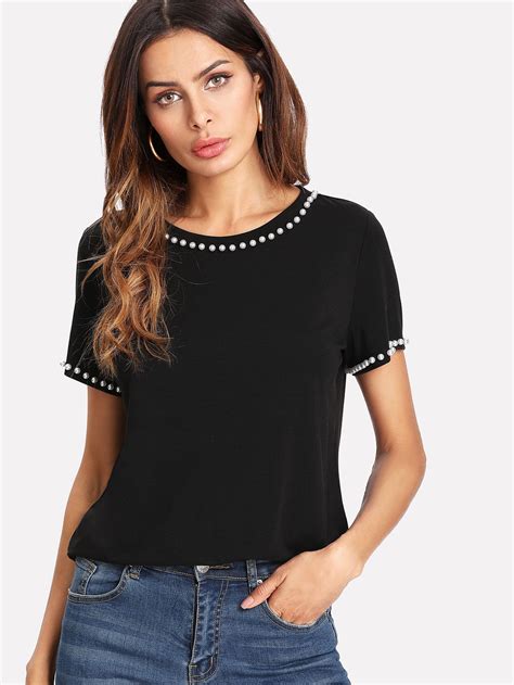 Shop Pearl Embellished T Shirt Online Shein Offers Pearl Embellished T