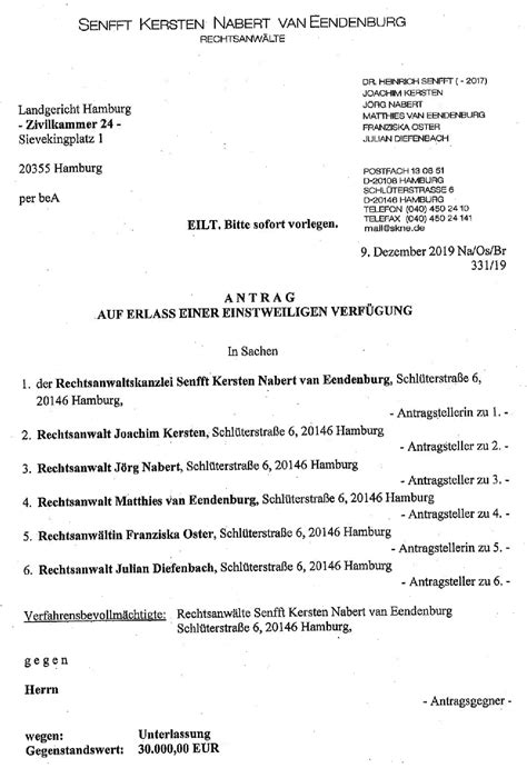 Antrag auf Erlass einer Einstweiligen Verfügung von Abmahnanwalt Jörg