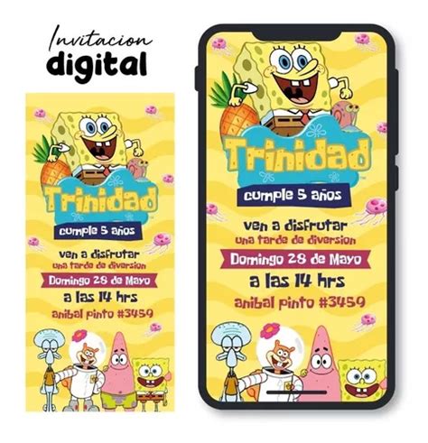 Invitación Digital Cumpleaños Bautizo Mod Bob Esponja Ii en venta en