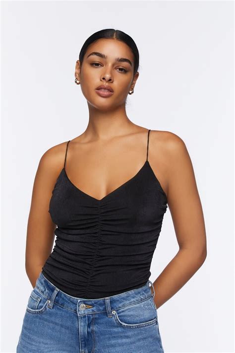 Forever 21 Mesh Ruched Cami Bodysuit Black Forever21usa