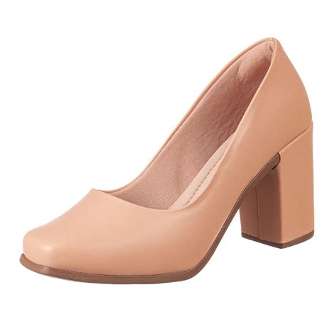 Sapato Scarpin Feminino Bico Quadrado Salto Grosso Alto Nude Compre Agora Dafiti Brasil