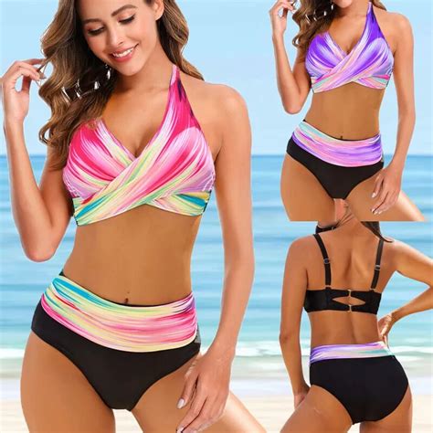 Maillot De Bain Sexy Pour Femmes Bikini Taille Haute Imprim Arcciel