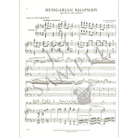 Hungarian Rhapsody Op 68 Cello Rose David Popper Johnson String