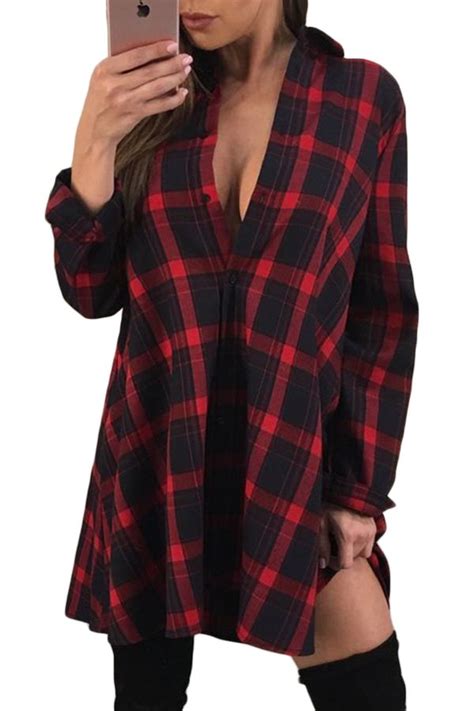 Black Red Plaid Womens Long Vintage Shirt Long Shirt Women Womens