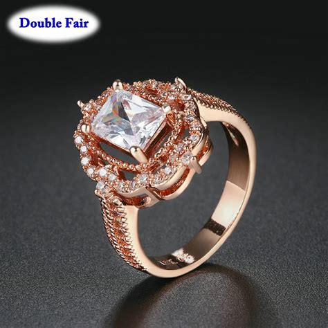 Rose Gold Romantic Rectangle Clear Crystal Zircon Rings For Women