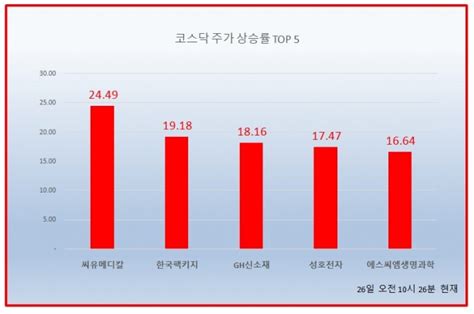 코스닥 상승률 상위 50 종목씨유메디컬 한국팩키지 Gh신소재 큰 폭 상승 글로벌이코노믹