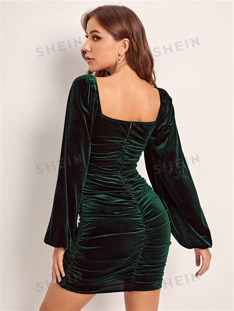 Shein Belle Lantern Sleeve Ruched Velvet Bodycon Dress Shein Usa