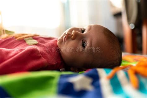 Newborn Baby Resting Relaxed Face Up On A Carpet Stock Image Image Of