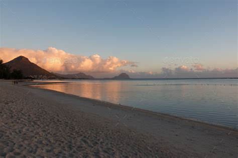 Sunset In Front Of A Mauritius Beach In The Indian Ocean Stock Photo