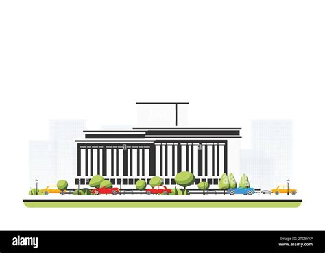 Modern Museum Building In Flat Style With Trees And Cars Vector