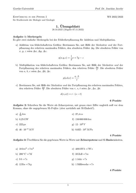 Uebung 01 Übungsblatt 1 Physik Aufgaben Goethe Universit at Prof