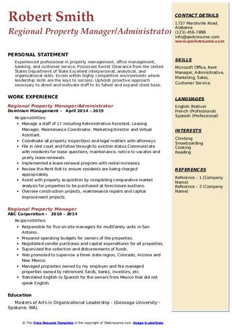 Regional Property Manager Resume Samples Qwikresume