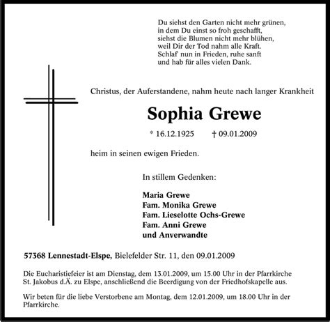 Traueranzeigen Von Sophia Grewe Trauer In NRW De