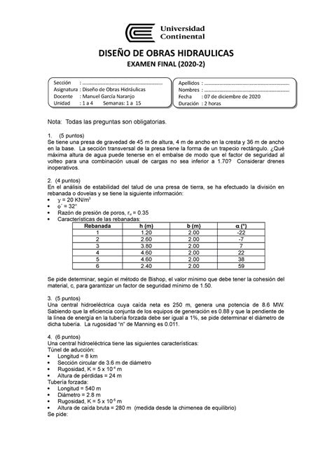 Examen Final De Dise O De Obras Hidr Ulicas Lunes Formato Uc